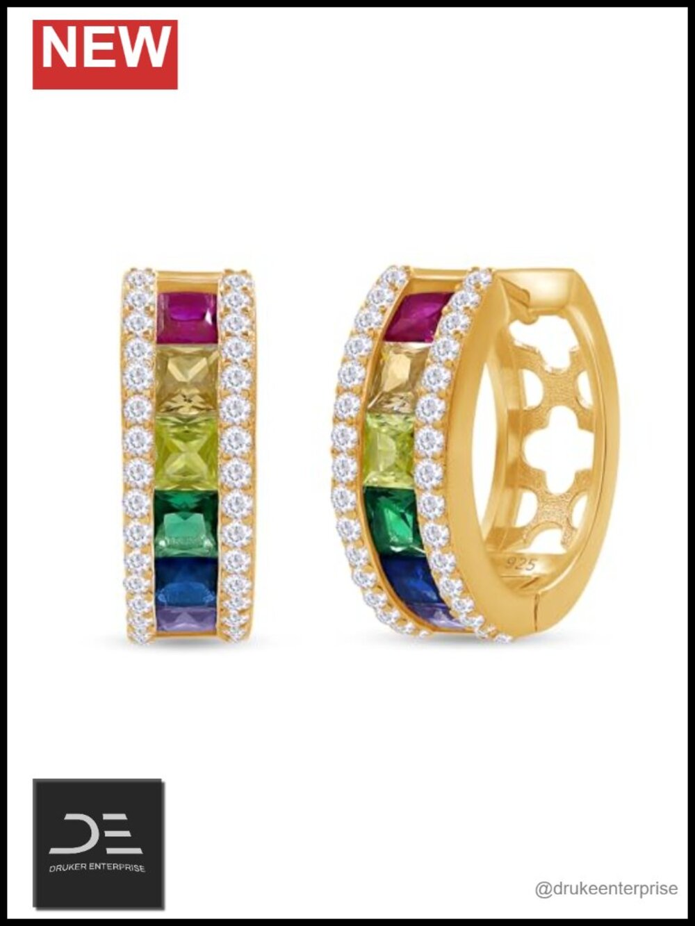 14K Gold Plated Sterling Silver Rainbow CZ Huggie Hoop Earrings Hypoallergenic